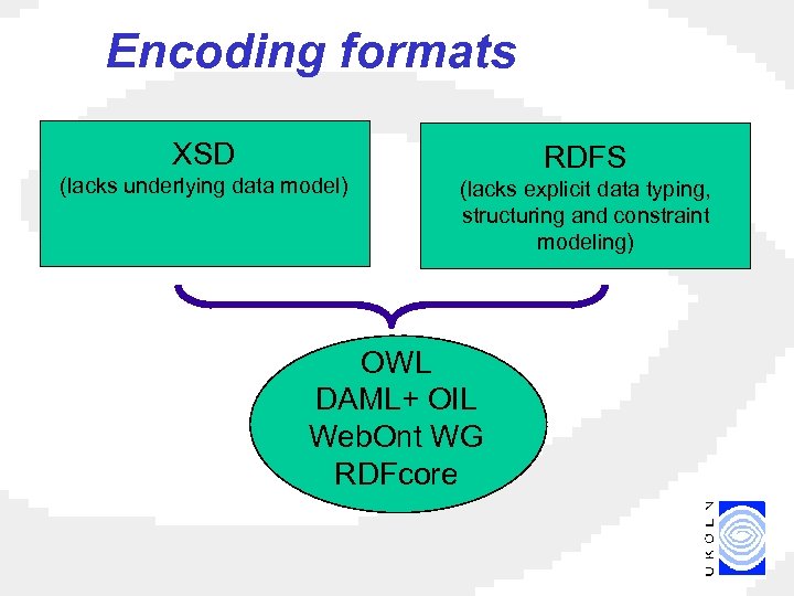 Encoding formats XSD (lacks underlying data model) RDFS (lacks explicit data typing, structuring and