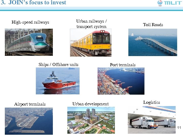 3. JOIN’s focus to invest High-speed railways Urban railways / transport system Ships /