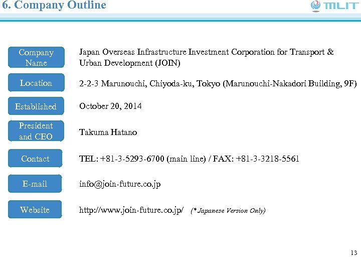 6. Company Outline Company Name Japan Overseas Infrastructure Investment Corporation for Transport & Urban