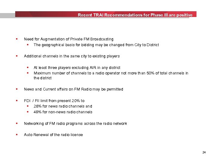 Recent TRAI Recommendations for Phase III are positive § Need for Augmentation of Private