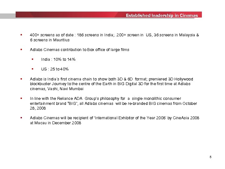 Established leadership in Cinemas § 400+ screens as of date : 186 screens in