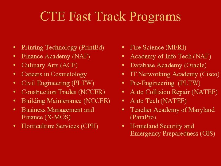 CTE Fast Track Programs • • Printing Technology (Print. Ed) Finance Academy (NAF) Culinary