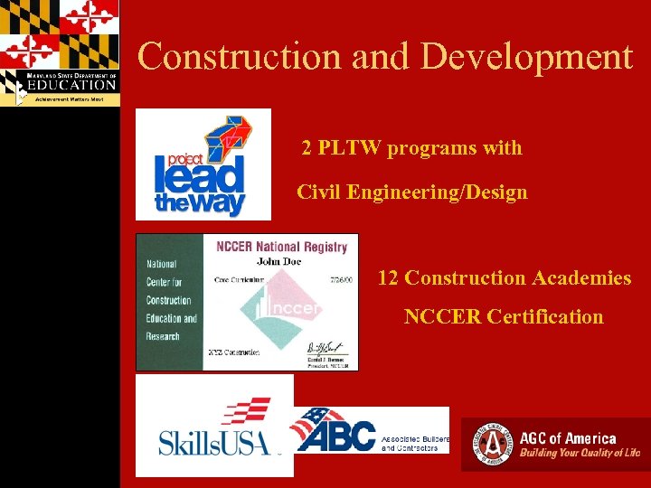 Construction and Development 2 PLTW programs with Civil Engineering/Design 12 Construction Academies NCCER Certification