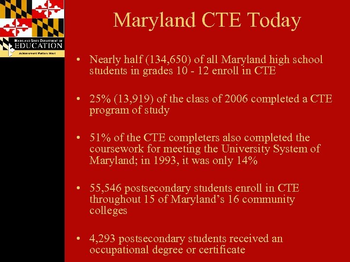 Maryland CTE Today • Nearly half (134, 650) of all Maryland high school students