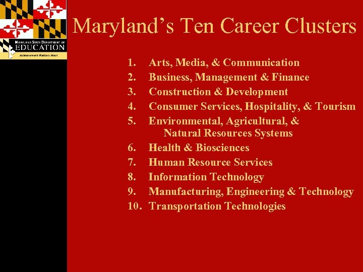 Maryland’s Ten Career Clusters 1. 2. 3. 4. 5. Arts, Media, & Communication Business,
