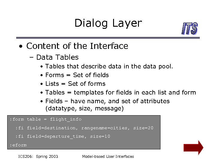 Dialog Layer • Content of the Interface – Data Tables • • • Tables