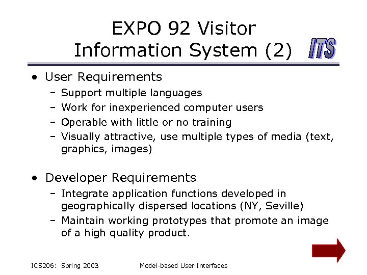 EXPO 92 Visitor Information System (2) • User Requirements – – Support multiple languages