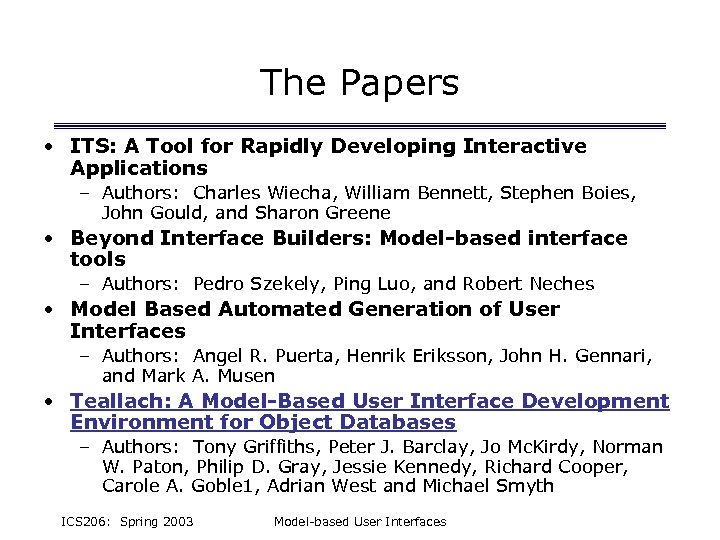 The Papers • ITS: A Tool for Rapidly Developing Interactive Applications – Authors: Charles