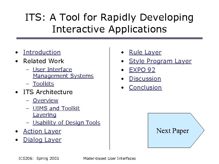 ITS: A Tool for Rapidly Developing Interactive Applications • Introduction • Related Work –