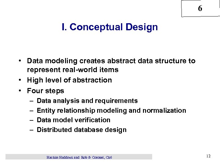 6 I. Conceptual Design • Data modeling creates abstract data structure to represent real-world