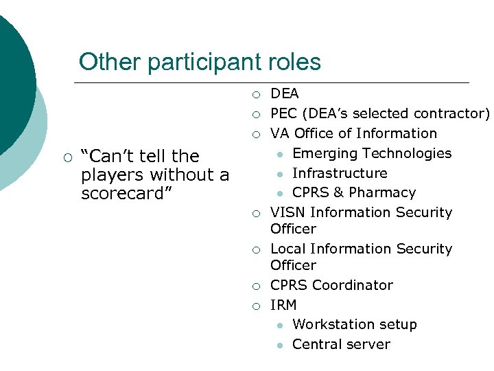 Other participant roles ¡ ¡ “Can’t tell the players without a scorecard” ¡ ¡