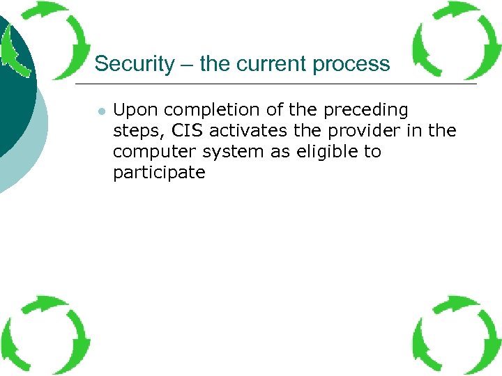 Security – the current process l Upon completion of the preceding steps, CIS activates