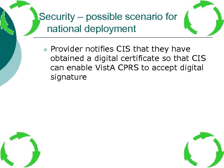 Security – possible scenario for national deployment l Provider notifies CIS that they have