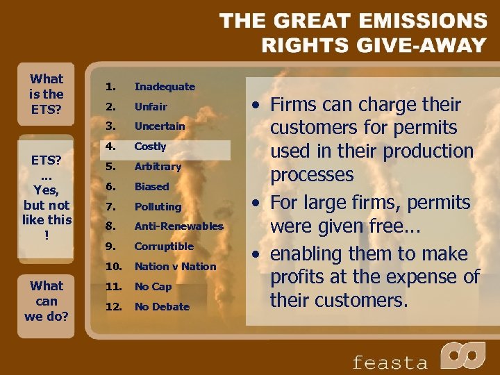 What is the ETS? 2. Unfair Uncertain 4. Costly 5. Arbitrary 6. Biased 7.