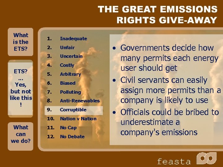 What is the ETS? 2. Unfair Uncertain 4. Costly 5. Arbitrary 6. Biased 7.