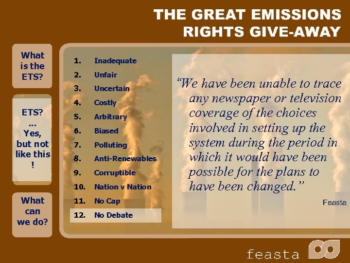 What is the ETS? 2. Unfair Uncertain 4. Costly 5. Arbitrary 6. Biased 7.