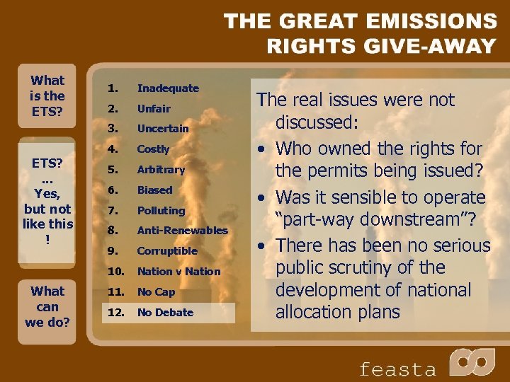 What is the ETS? 2. Unfair Uncertain 4. Costly 5. Arbitrary 6. Biased 7.