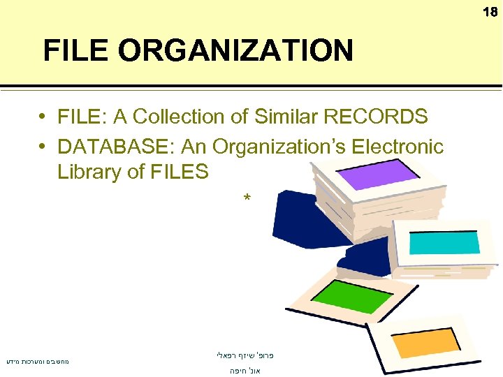 18 FILE ORGANIZATION • FILE: A Collection of Similar RECORDS • DATABASE: An Organization’s