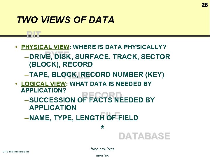 28 TWO VIEWS OF DATA BIT • PHYSICAL VIEW: WHERE IS DATA PHYSICALLY? BYTE