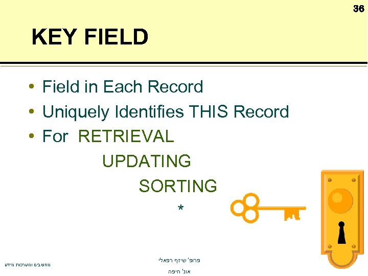 36 KEY FIELD • Field in Each Record • Uniquely Identifies THIS Record •