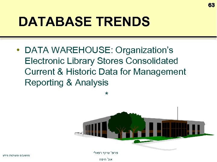 63 DATABASE TRENDS • DATA WAREHOUSE: Organization’s Electronic Library Stores Consolidated Current & Historic