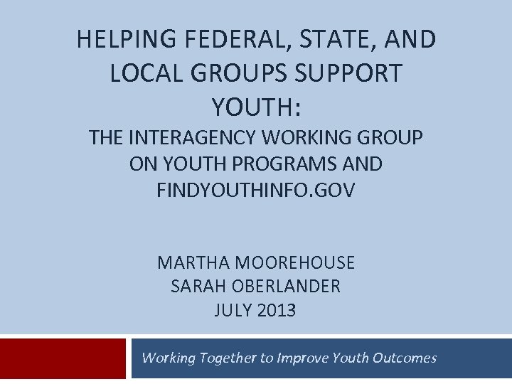 HELPING FEDERAL, STATE, AND LOCAL GROUPS SUPPORT YOUTH: THE INTERAGENCY WORKING GROUP ON YOUTH