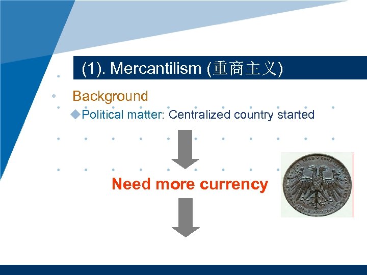 (1). Mercantilism (重商主义) • Background u. Political matter: Centralized country started Need more currency