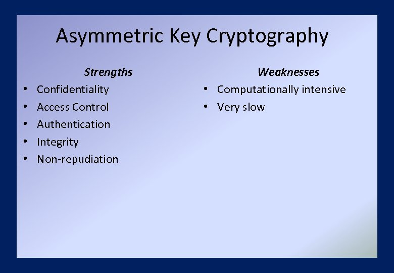 Asymmetric Key Cryptography • • • Strengths Confidentiality Access Control Authentication Integrity Non-repudiation Weaknesses