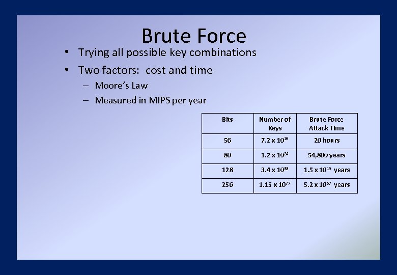 Brute Force • Trying all possible key combinations • Two factors: cost and time