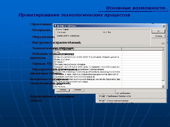 Основные возможности. . Проектирование технологических процессов Справочники: - Материалов; - Оборудования; - Инструмента и
