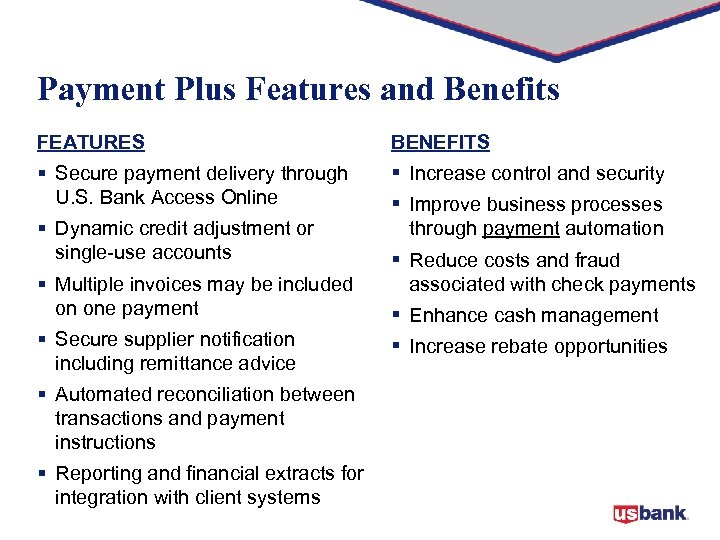 Payment Plus Features and Benefits FEATURES BENEFITS § Secure payment delivery through U. S.