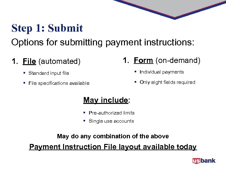 Step 1: Submit Options for submitting payment instructions: 1. Form (on-demand) 1. File (automated)