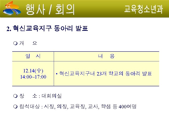 2. 혁신교육지구 동아리 발표 개 요 일 시 12. 14(수) 14: 00~17: 00 내