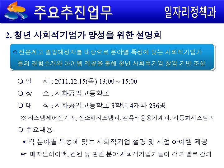 2. 청년 사회적기업가 양성을 위한 설명회 전문계고 졸업예정자를 대상으로 분야별 특성에 맞는 사회적기업가 들의