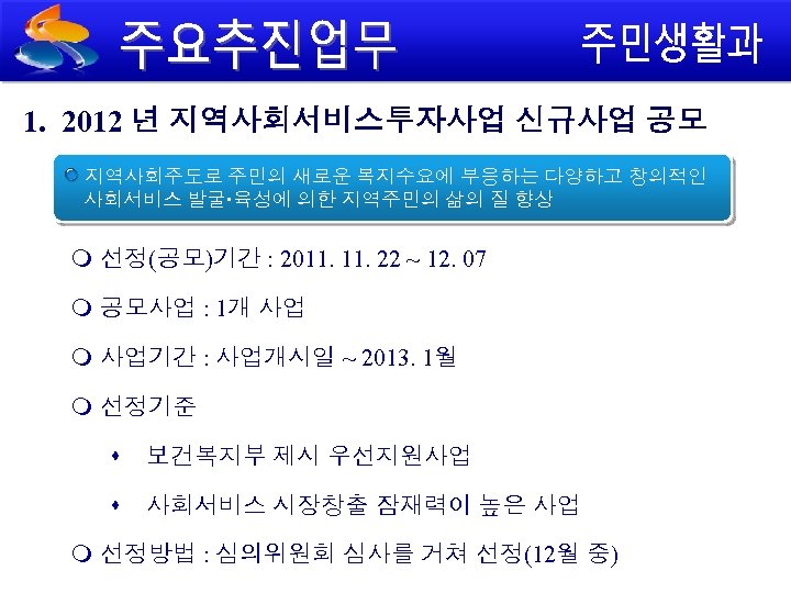 1. 2012 년 지역사회서비스투자사업 신규사업 공모 지역사회주도로 주민의 새로운 복지수요에 부응하는 다양하고 창의적인 사회서비스