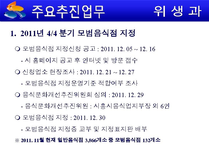 1. 2011년 4/4 분기 모범음식점 지정신청 공고 : 2011. 12. 05 ~ 12. 16