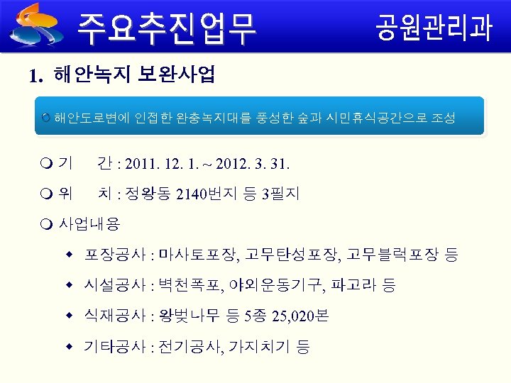 1. 해안녹지 보완사업 해안도로변에 인접한 완충녹지대를 풍성한 숲과 시민휴식공간으로 조성 기 간 : 2011.