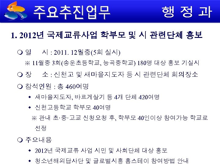 1. 2012년 국제교류사업 학부모 및 시 관련단체 홍보 일 시 : 2011. 12월중(5회 실시)