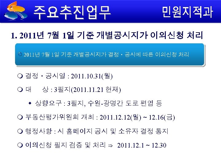 1. 2011년 7월 1일 기준 개별공시지가 이의신청 처리 2011년 7월 1일 기준 개별공시지가 결정ㆍ공시에