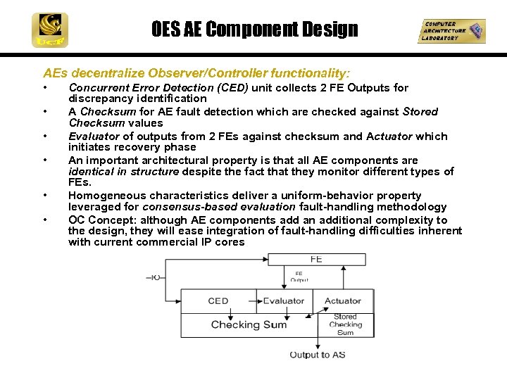OES AE Component Design AEs decentralize Observer/Controller functionality: • • • Concurrent Error Detection