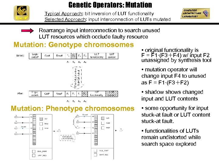 Genetic Operators: Mutation Typical Approach: bit inversion of LUT functionality Selected Approach: input interconnection