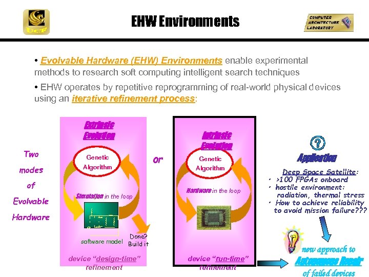 EHW Environments • Evolvable Hardware (EHW) Environments enable experimental methods to research soft computing