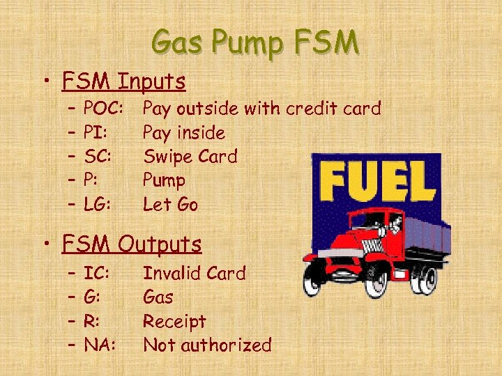 Gas Pump FSM • FSM Inputs – – – POC: PI: SC: P: LG: