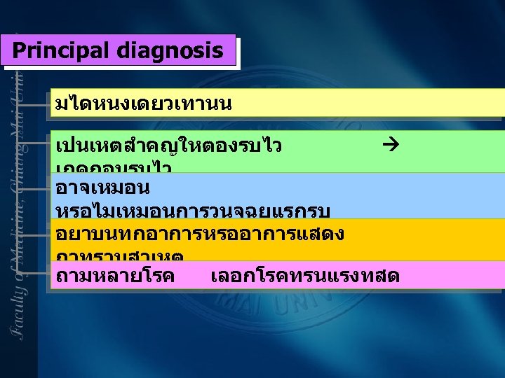 Principal diagnosis มไดหนงเดยวเทานน เปนเหตสำคญใหตองรบไว เกดกอนรบไว อาจเหมอน หรอไมเหมอนการวนจฉยแรกรบ อยาบนทกอาการหรออาการแสดง ถาทราบสาเหต ถามหลายโรค เลอกโรคทรนแรงทสด 