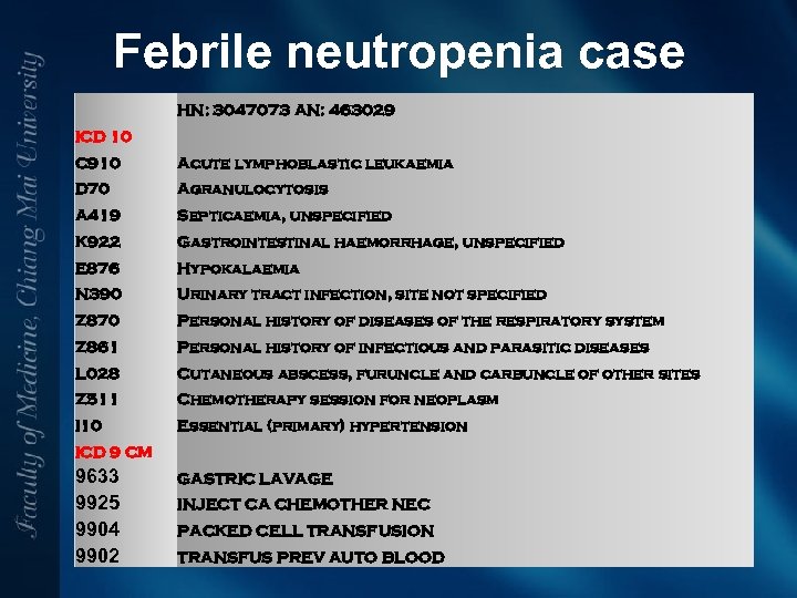 Febrile neutropenia case HN: 3047073 AN: 463029 ICD 10 C 910 Acute lymphoblastic leukaemia