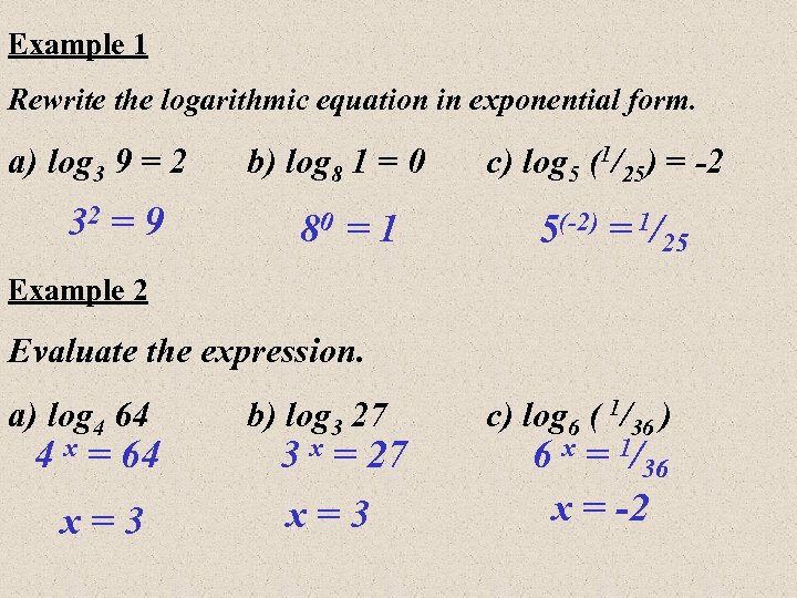 Example 1 Rewrite the logarithmic equation in exponential form. a) log 3 9 =