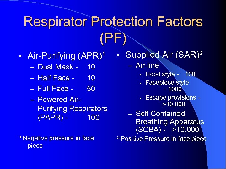 Respirator Protection Factors (PF) • Air-Purifying (APR)1 – Dust Mask – Half Face –