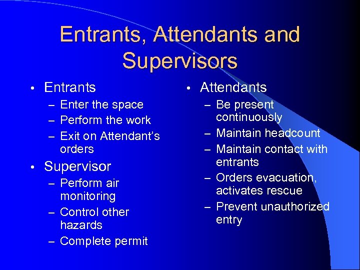 Entrants, Attendants and Supervisors • Entrants – Enter the space – Perform the work