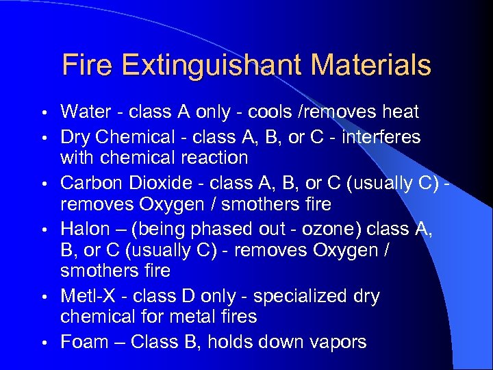 Fire Extinguishant Materials • • • Water - class A only - cools /removes