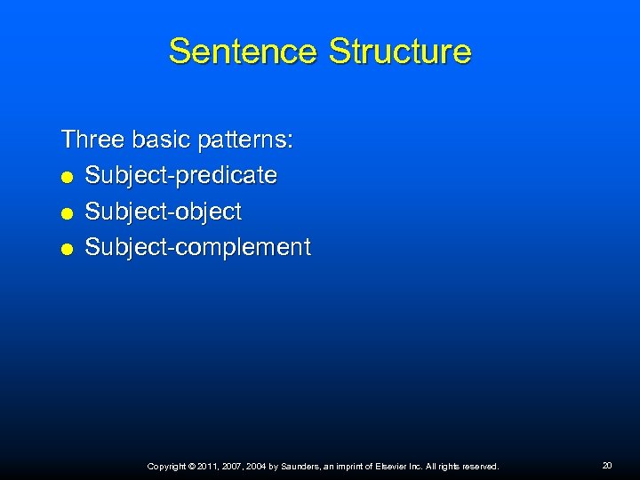 Sentence Structure Three basic patterns: Subject-predicate Subject-object Subject-complement Copyright © 2011, 2007, 2004 by